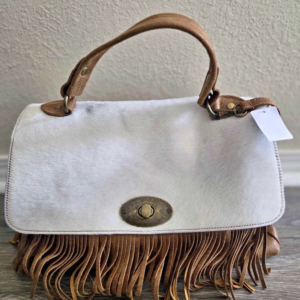 White and Tan Fringe Top-Handle Women's Bag - Picture 2 of 8